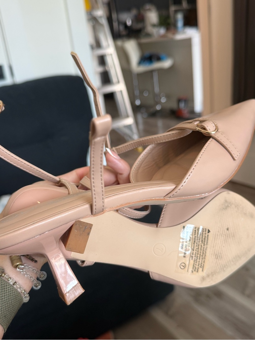 Nude T-Strap Mid-Heel Pumps with Buckle Accent